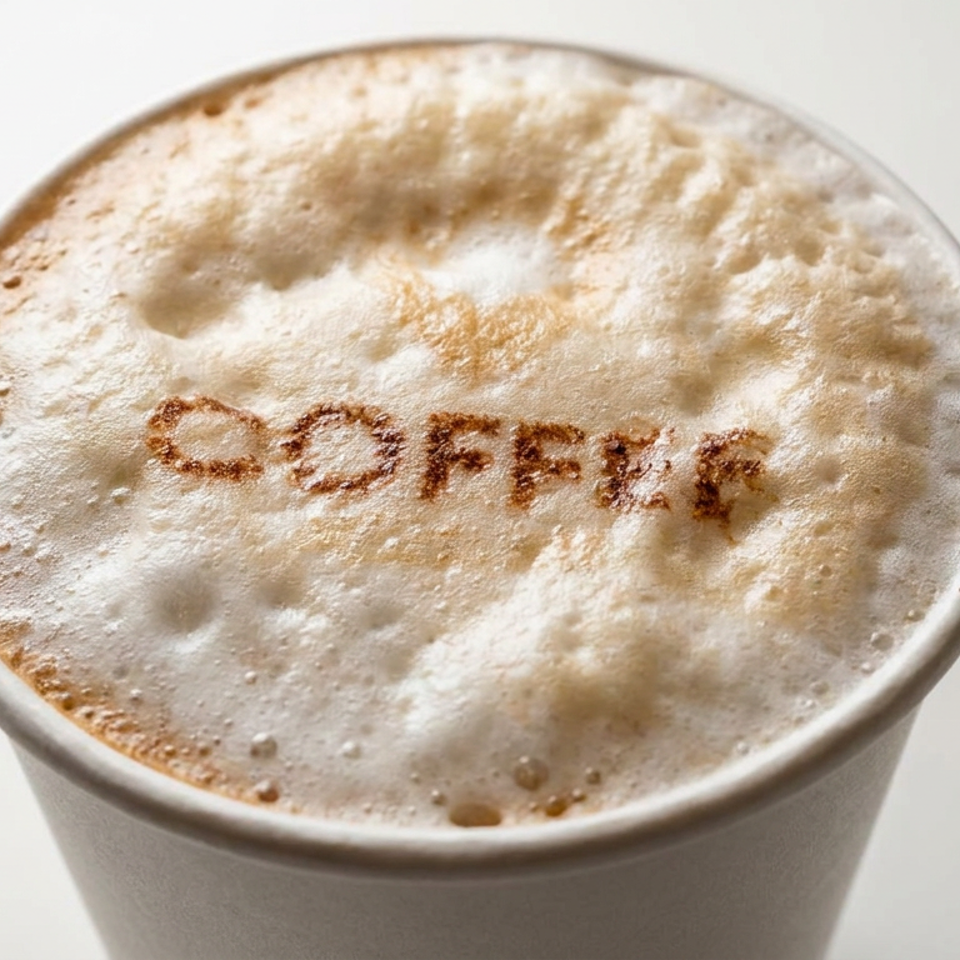 Foamy cappuccino in a white cup, topped with cocoa-dusted lettering spelling “COFFEE.”