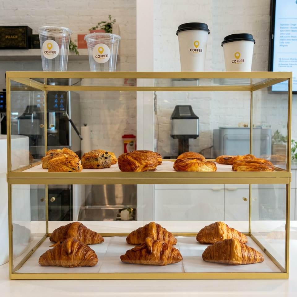 Glass pastry display case filled with croissants and baked goods beside Coffee menu screens in a bright café.
