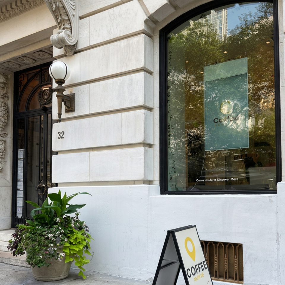 Ornate white-stone restaurant entrance at 32, with flower planters, globe lights, large window, and a coffee sandwich board.