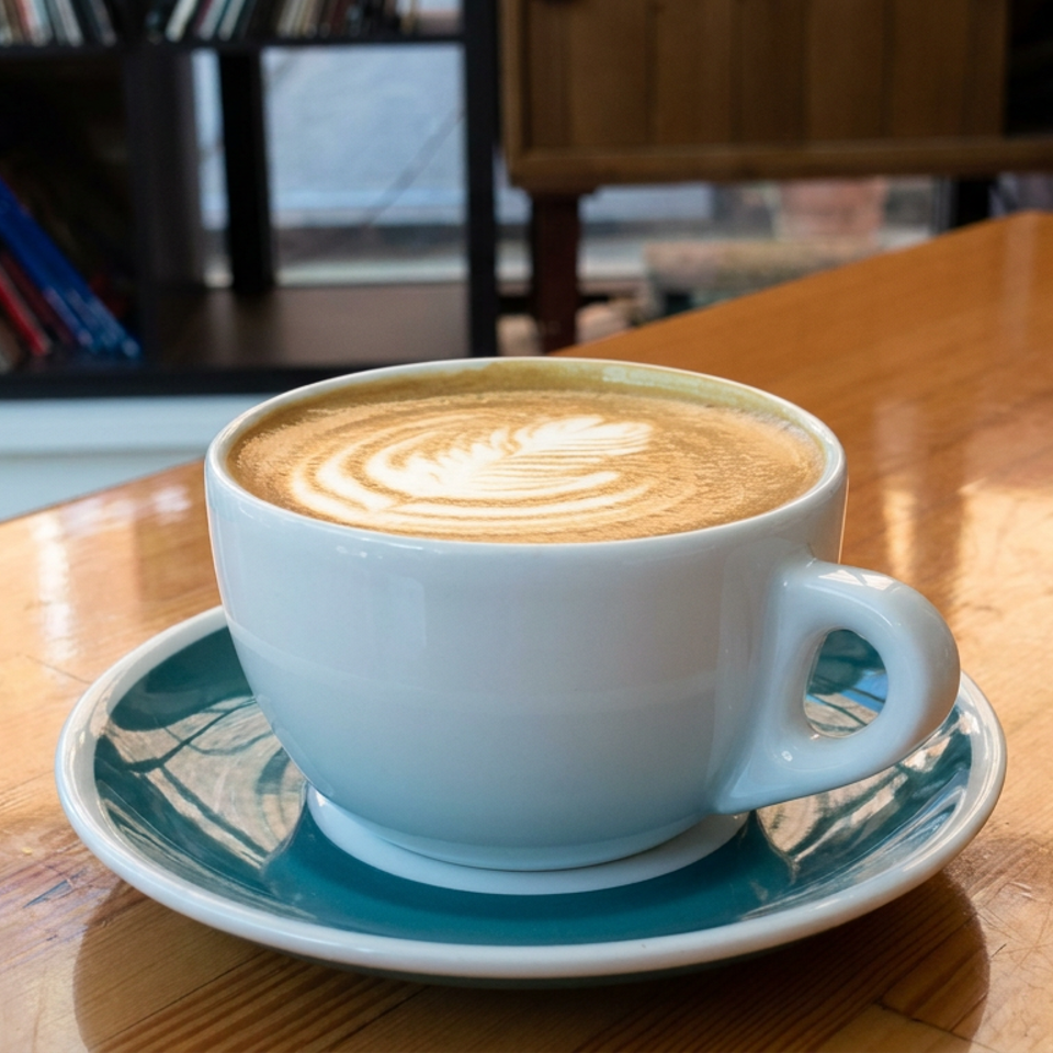 Latte with leaf-shaped foam art in a white cup on a teal saucer atop a sunlit wooden café table.