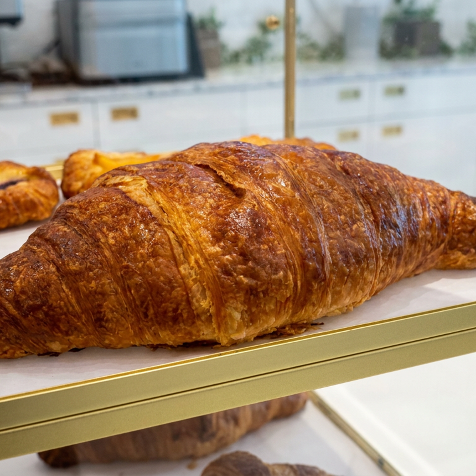 Golden, flaky croissant displayed on a bakery shelf alongside fruit-filled pastries in a bright kitchen.