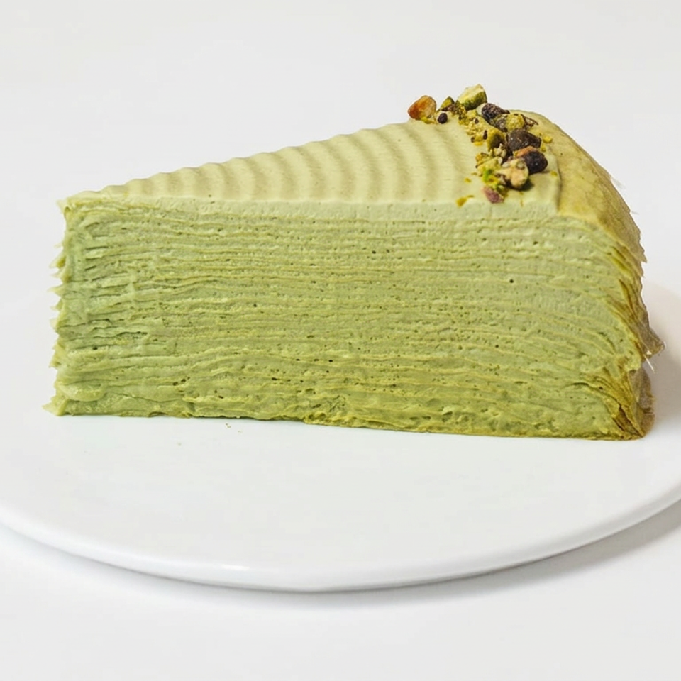 Slice of green tea crepe cake layered with cream, topped with chopped pistachios and chocolate pieces on a white plate.