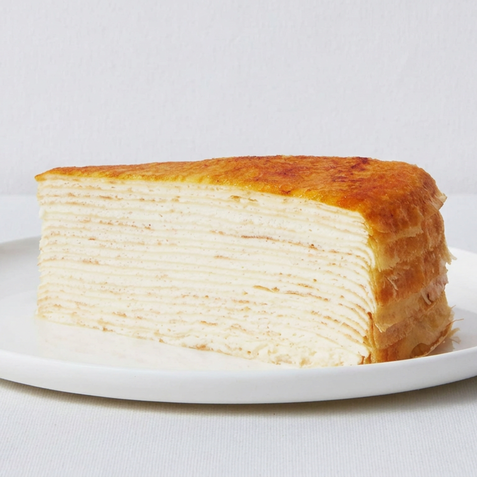 Slice of layered golden-brown pastry on a white plate against a plain light background.